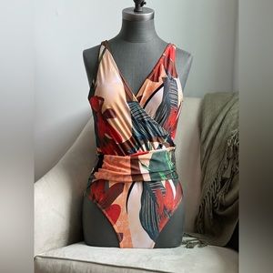 Tropical Print Wrap Front Swimsuit
